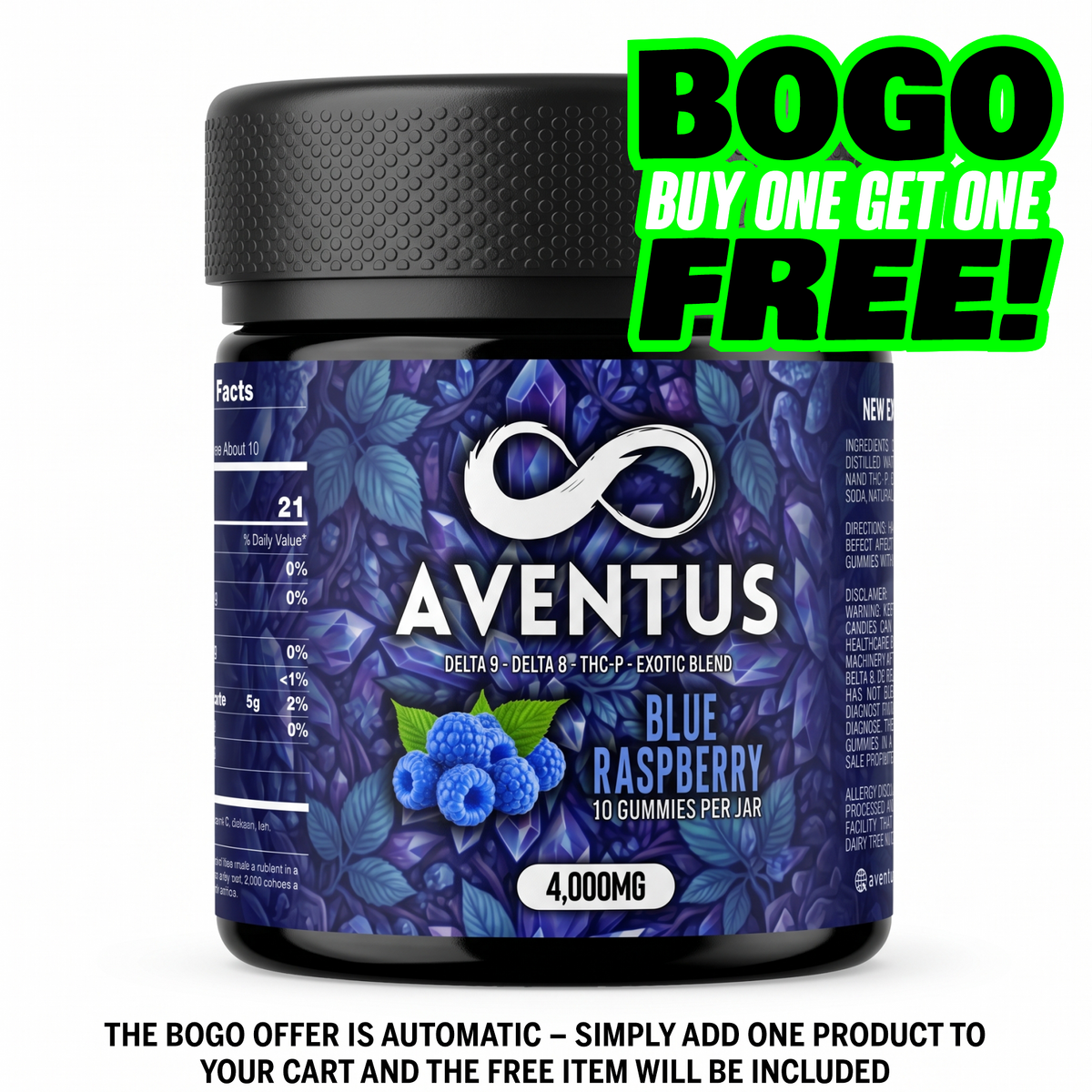Aventus Blue Raspberry Exotic Blend Gummies – Delta-9, Delta-8 & THC-P – 4,000mg