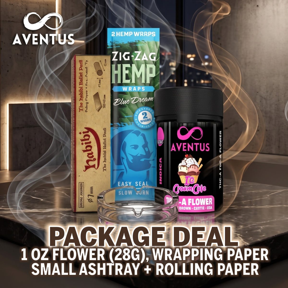 1 OZ FLOWER (28G) + WRAPPING PAPER SMALL ASHTRAY + ROLLING PAPER. LIMITED TIME OFFER