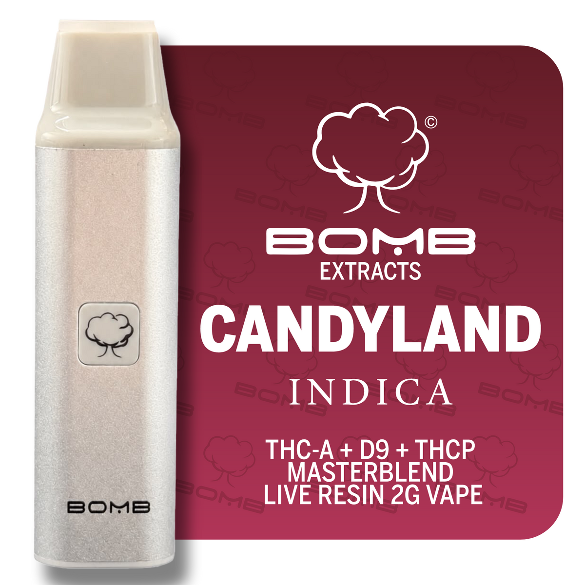 BOMB EXTRACTS THC-A + D9 + THCP  MASTERBLEND  LIVE RESIN 2G VAPE CANDYLAND - INDICA